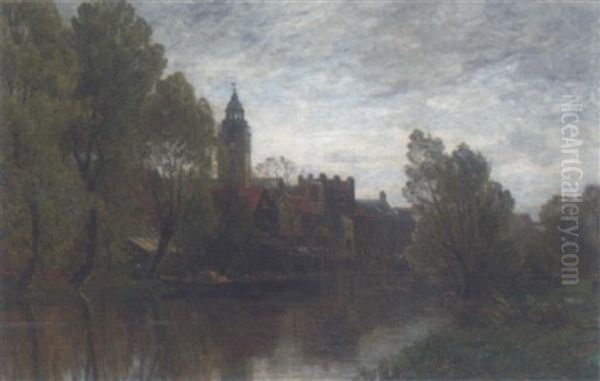 Haybarges Moored At A Riverside Town - view 1