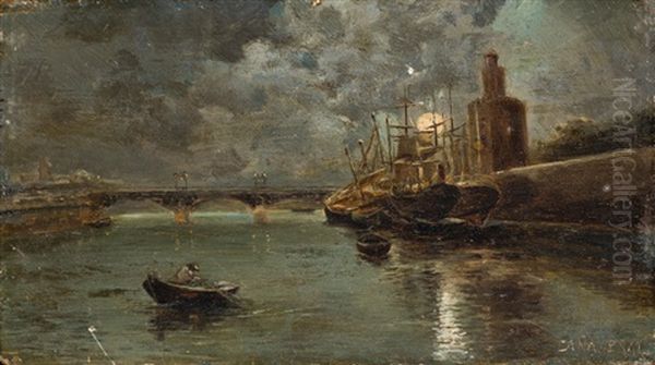Pareja De Paisajes De Sevilla De Noche Con La Torre Del Oro Y El Puente De Triana - view 1