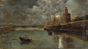 Pareja De Paisajes De Sevilla De Noche Con La Torre Del Oro Y El Puente De Triana by Alfonso Canaveral Y Perez