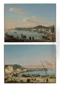 The Promenade On The Bay Of Naples With Mount Vesuvius Erupting In The Background (+ Fishermen On The Bay Of Naples With A View Of Castel Nuovo; Pair) by Salvatore Candido
