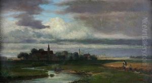 Weite Landschaft Mit Bachlauf Und Personenstaffage Mit Blick Auf Eine Ortschaft by Harry W. T. Candidus