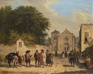 Scorcio Di Paese Con Figure by Giuseppe Canella