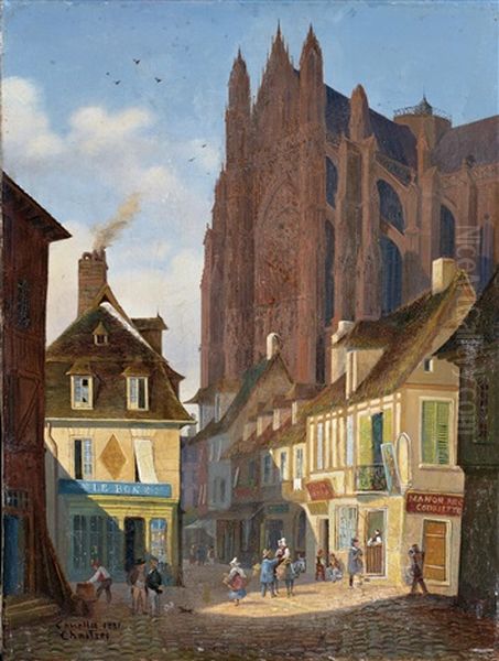 A Street In Chartres With The Cathedral In The Background - view 1