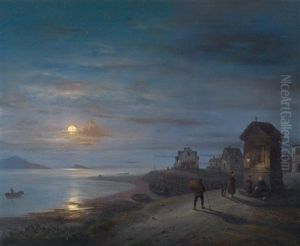 Kustenlandschaft Bei Aufgehendem Mond Mit Figuren Vor Einem Bildstock Im Vordergrund