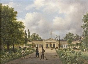 Vue Du Chateau De Neuilly, Avec Trois Jardiniers Au Premier Plan