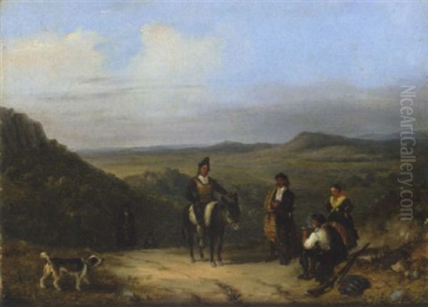 A Mountainous Landscape With Hunters Resting Beside The Road - view 1