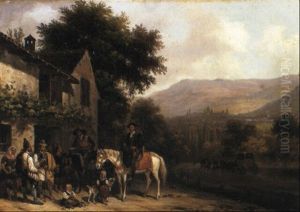 Figures Outside Tavern, Escorial Beyond by Giuseppe Canella