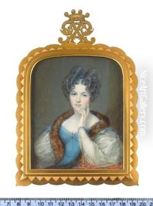 A Lady, Wearing Blue Dress With White, Sheer, Puff Sleeves With Blue Embroidery At The White Lace Cuff, Fur Stole