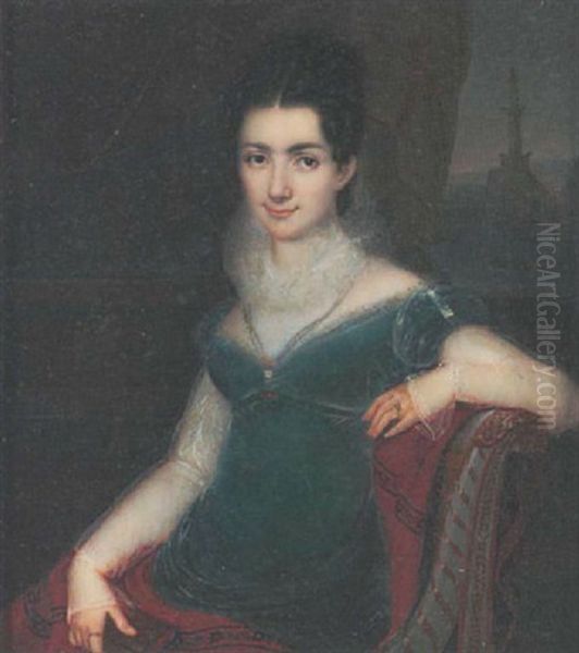 A Young Lady Holding A Book, Wearing A Green Dress, A Brooch At Her Corsage, A Red Shawl Draped On Her Lap, In The Distance Are Ships And The Lighthouse In Livorno Port - view 1