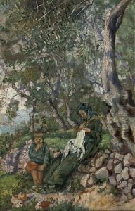 A Mother And Son Seated By A Wall Before The Sea
