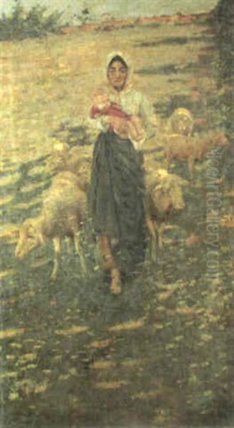 Mother And Child With Sheep In A Landscape - view 1