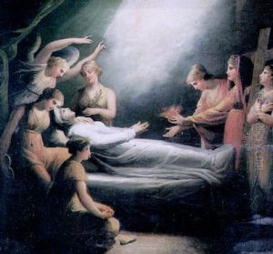 An Apparition Of The Empress Helena Holding The True Cross And A Flaming Heart At The Death Bed Of A Young Woman by Antonio Canova