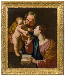 Heilige Familie - Der Heilige Joseph Halt Das Christuskind Wahrend Dieses Der Lesenden Maria Eine Rose Reicht by Simone Cantarini (Pesarese)