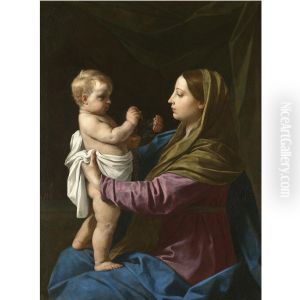 The Madonna And Child Holding A Rosary Crucifix And A Rose (madonna Della Rosa) by Simone Cantarini (Pesarese)