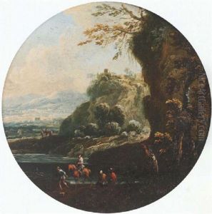An Italianate Landscape With Two Figures Watching A Rider Ford A River by Franz Thomas Canton