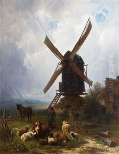 Hirtin Mit Herde Vor Einer Windmuhle by Gustav Jacob Canton
