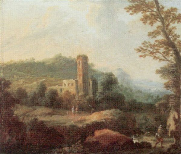 A Wooded Landscape With A Huntsman And A Ruined Tower - view 1