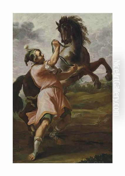 A Young Groom Holding A Rearing Stallion In A Landscape - view 1