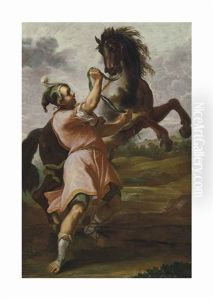 A Young Groom Holding A Rearing Stallion In A Landscape