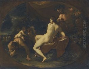 A Maenad Attended By Satyrs And Putti In A Landscape by Domenico Maria Canuti
