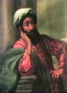 Portrait Of A Bearded Man Wearing A Turban Resting His Arm  On A Stone Ledge, A Column Behind