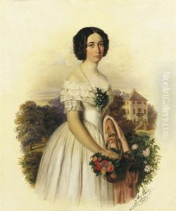 Kislany Viragkosarral Hatterben Kastelyparkkal (little Girl With Flower-basket)