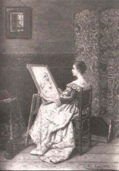 Interior Scene With Seated Woman Viewing Her Painting - view 1