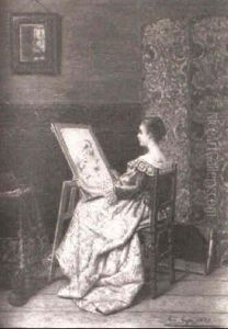 Interior Scene With Seated Woman Viewing Her Painting
