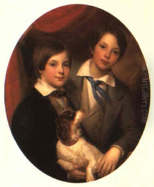 Portrait Of Two Young Boys, Half Length, With Their Spaniel - view 1