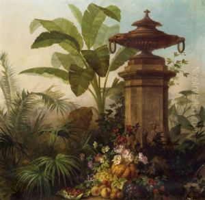 Assorted Flowers With Grapes, Strawberries, Peaches And A Pumpkin In A Tropical Garden