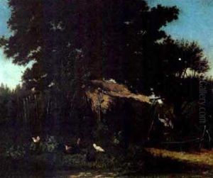 Thatched Roof Farm Shed With Farmer And Chickens by Alfred-Eugene Capelle