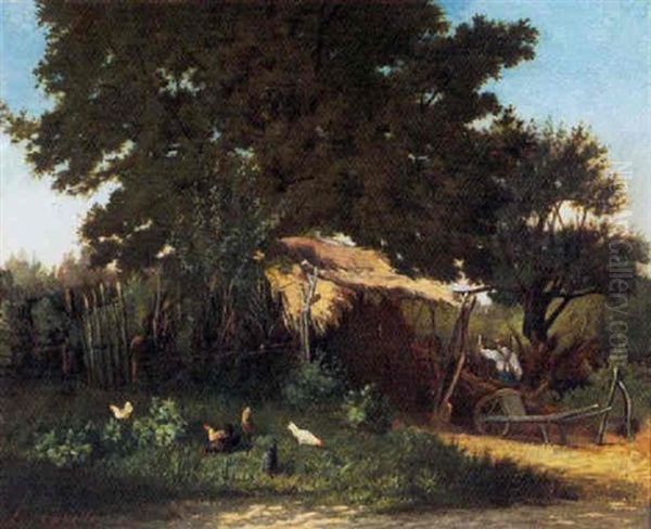 Thatched Roof Farm Shed And Animal Pen, With Farmer And Chickens - view 1