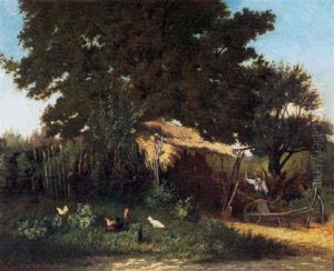 Thatched Roof Farm Shed And Animal Pen, With Farmer And Chickens by Alfred-Eugene Capelle