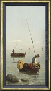 The Gulf Of Naples. Fisherman In The Sail Boat The Gulf Of Naples. Fisherman In The Sail Boat