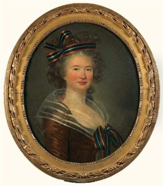 Portrait De Femme En Buste, Portant Une Coiffe De Rubans A Trois Couleurs Dans Les Cheveux Et Sur La Gorge - view 1