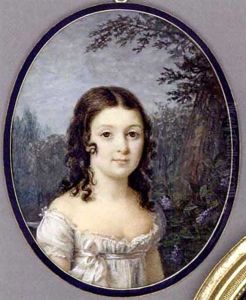 A Girl Standing Before A Tree With Lilac, In White Silk Dress With White Sash Tied In A Bow, Long Dark Curling Hair, Forest And Sky Background by Marie Gabrielle Capet