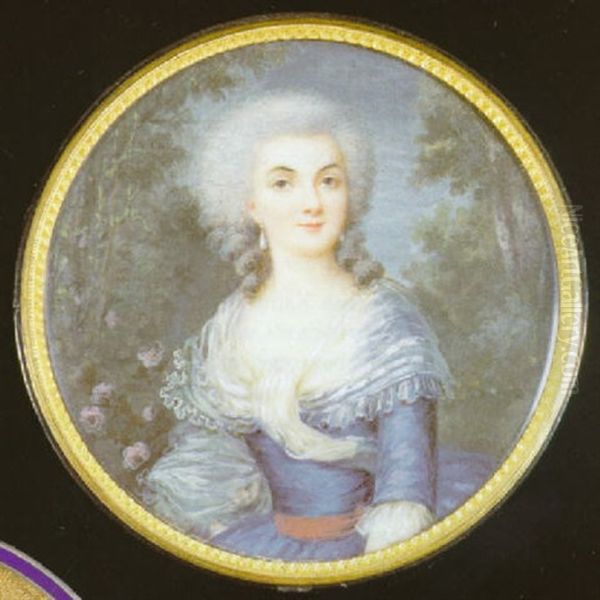 Portrait Of A Lady In Blue Dress With Red Sash - view 1