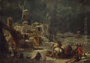 Wintry Village Landscape With Figures by Jan Van De Cappelle