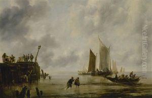Seascape With Fishermen And Figures On A Pier by Jan Van De Cappelle