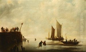 Fishermen Unloading Their Catch At Low Tide With A Crowd On A Jetty And Shipping Beyond
