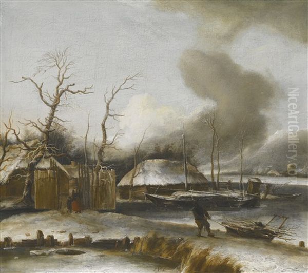 A Winter Landscape By A Frozen Pond, A Figure Dragging A Pile Of Driftwood And A Mother And Child By The Gate Of A House by Jan Van De Cappelle