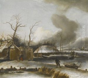 A Winter Landscape By A Frozen Pond, A Figure Dragging A Pile Of Driftwood And A Mother And Child By The Gate Of A House