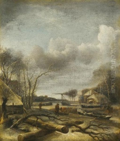 Winter Landscape With A Man Fixing A Sled At The Edge Of A Frozen River - view 1