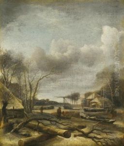 Winter Landscape With A Man Fixing A Sled At The Edge Of A Frozen River by Jan Van De Cappelle