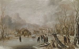Winter Landscape With Skaters And Kolf Players On A Frozen Waterway By A Village by Jan Van De Cappelle
