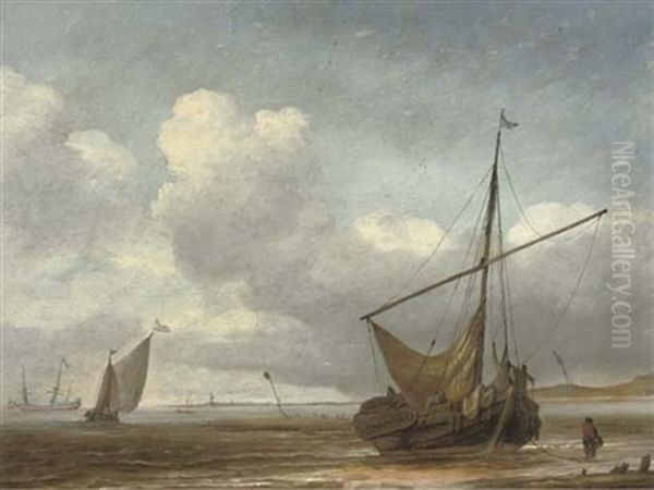 A Fishing Boat Moored On A Beach, Other Sailing Vessels And A Town Beyond - view 1