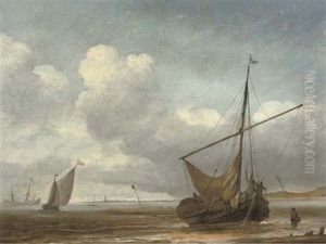A Fishing Boat Moored On A Beach, Other Sailing Vessels And A Town Beyond by Jan Van De Cappelle