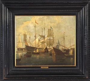 A Busy Harbor Scene by Jan Van De Cappelle