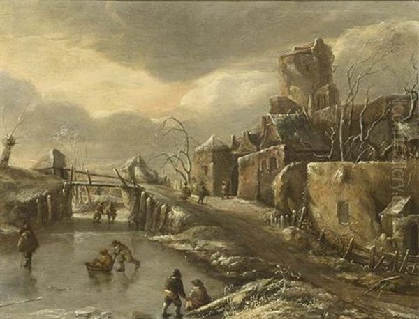 A Winter Landscape With Skaters On The Ice, A Town Beyond - view 1