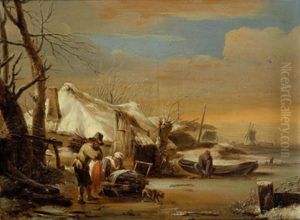 Winterlandschaft Mit Einem Dorf An Einem Zugefrorenen Wasserlauf Und Bauern by Jan Van De Cappelle